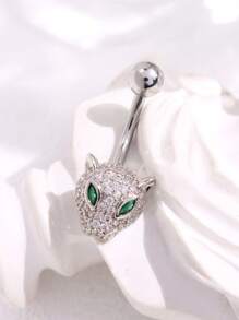 1pc Fashionable Leopard Head Rhinestone Belly Button Ring, Women's Body Piercing Jewelry