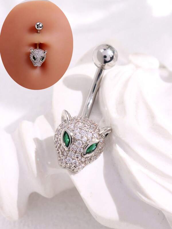 1pc Fashionable Leopard Head Rhinestone Belly Button Ring, Women's Body Piercing Jewelry