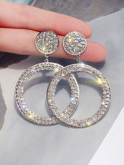 1pair Exaggerated European And American Style Full Rhinestone Encrusted Circle Earrings