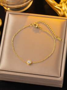 Stainless Steel Waterproof, Non-Fading, Fashionable, Simple Gold One Pendant Necklace And Bracelet Set Suitable For Women's Daily Wear - Gold - View 6