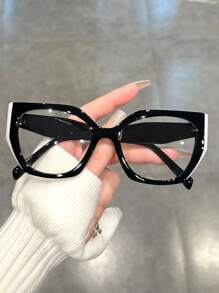 猫眼形拼色几何框架透明镜片女士眼镜，街头风格透明眼镜配件女士眼镜配件 - A - 查看 15