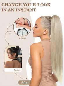 Extensiones de cabello sintético con cola de caballo larga y recta con cordón, extensiones de cabello sintético suaves y naturales con clip - Rubio claro - Dorado - Ver 4