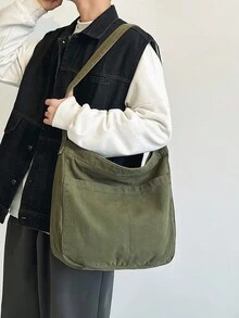 MOBAOFANG 男士時尚簡約大容量休閒單肩帶斜挎包,帆布包,復古風格,沖洗帆布材質 - 軍綠色 - 查看 4
