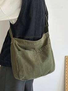 MOBAOFANG 男士時尚簡約大容量休閒單肩帶斜挎包,帆布包,復古風格,沖洗帆布材質 - 軍綠色 - 查看 11