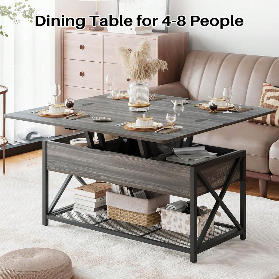 43" Lift Top Coffee Table With Charging Station, 4 In 1 Coffee Tables