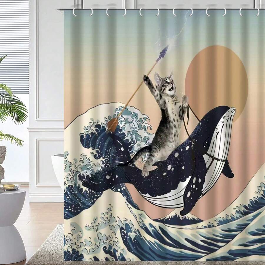 Funny Shower Curtain Brave Cat Holding Trident Arrow Riding Shark In