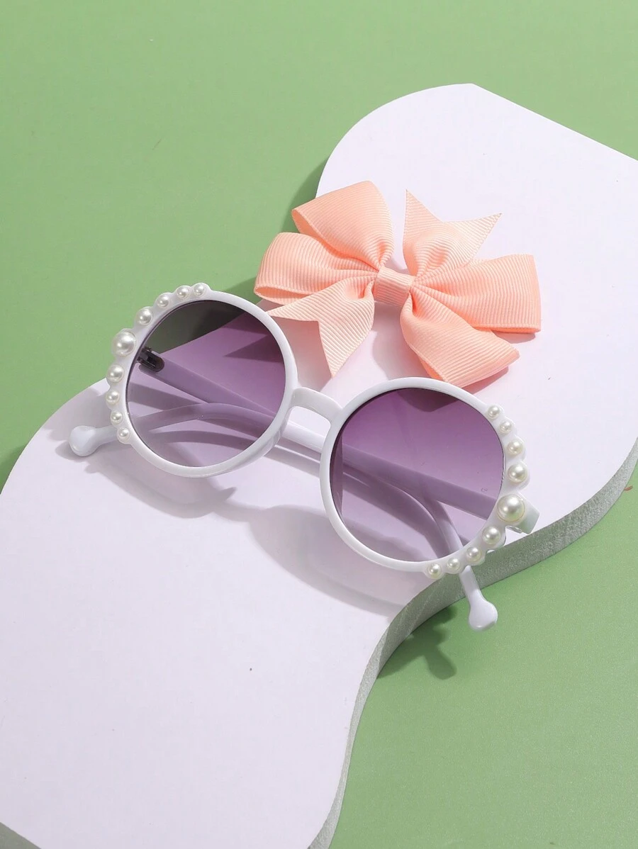 1 pieza Gafas ovaladas de moda para niños blancas de PC con marco de perlas falsas y 1 pieza Clip de pelo con lazo - Morado - Ver 1