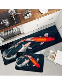 1pc Fish Print Carpet, Lucky Carp Design, Suitable For Bathroom, Kitchen, Living Room, Bedroom, Doorway, Etc. Machine Washable, Suitable For Indoor And Outdoor, Kitchen Floor Mat - Black - View 6