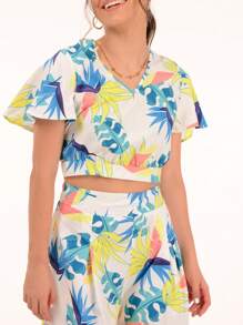 Lantern Sleeve T-Shirt & Tropical Print Skirt Set Casual Fashion Two-Piece Set Women V-Neck Leaf Sleeve Open Back Lace-Up Design Bolero Print Culotte Wide-Leg Pants Straight Pants - 白色 - 查看 3