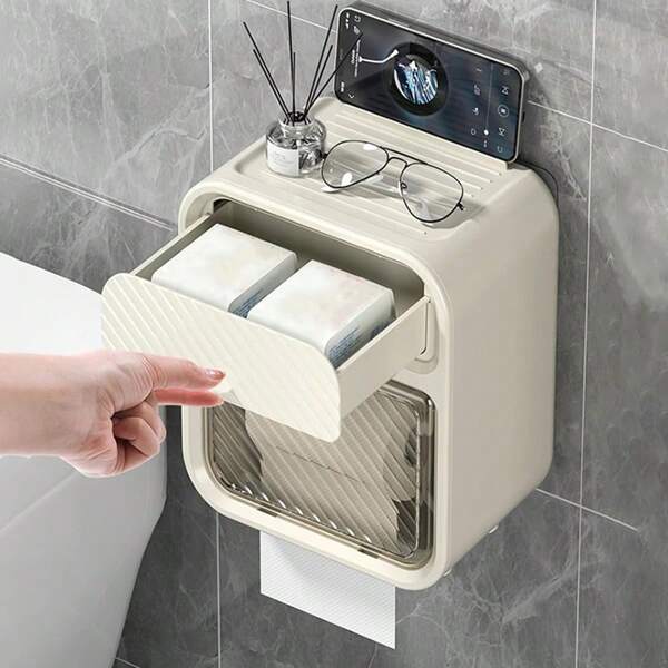 Wall-Mounted Bathroom Toilet Paper Holder, Toilet Tank Roll Paper Holder, Household Door Back Storage Tissue Rack, Self-Adhesive Wall-Mounted Tissue Dispenser Applicable To Kitchen, Living Room, Towel Rack