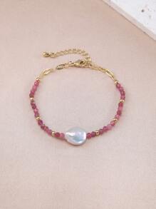 1 pulseira boho banhada a ouro 18K com pérolas naturais, cristais e contas, adequada para uso diário feminino