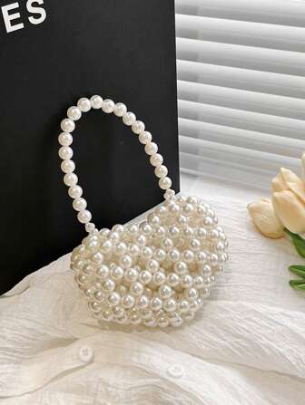 1pc Girls' Heart Shaped Handbag With Faux Pearl Decoration, Handmade Beaded Accents, Open Top Design, Suitable For Festival Gift Or Spring/Summer Daily Dressing Matching