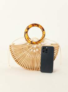 Casual Acrylic Handwoven Beach Bag With Hollow Out & Bamboo Design, Including Drawstring Inner Bag, For Beach Vacation - Beige - View 4