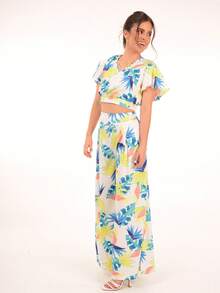 Lantern Sleeve T-Shirt & Tropical Print Skirt Set Casual Fashion Two-Piece Set Women V-Neck Leaf Sleeve Open Back Lace-Up Design Bolero Print Culotte Wide-Leg Pants Straight Pants - 白色 - 查看 7