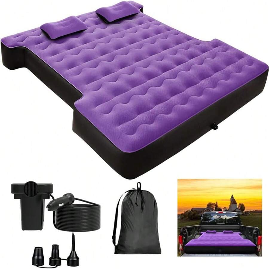 Truck Bed Air Mattress Inflatable Pickup Air Bed - For 5.5-5.8Ft Full-Size Short Truck Beds With 16.4FT Car Air Pump Cord & Air Pillows & Carry Bag For Outdoor Truck Camping Road Trips - Purple - Màu tím - Xem 1