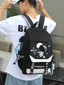 Mochila Con Puerto Usb Estilo Anime Para Chicas, Diseño Casual Sencillo, Resistente Al Agua, Gran Capacidad, Adecuada Para Estudiantes De Primaria, Secundaria Y Preparatoria. Colores Al Azar. - Negro - Ver 2