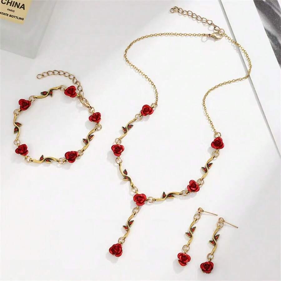 1pc Necklace & 1pc Bracelet & 2pcs Earrings Vintage Rose Flower Design ...