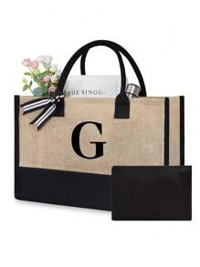 1pc Canvas Tote Bag With Cosmetic Pouch, Personalized Gift Bag Suitable For Wedding, Birthday, Beach, Vacation, Backpack And More, Great Gift For Women, Moms, Teachers, Friends, Bridesmaids, Students, Large Capacity - Khaki - View 15