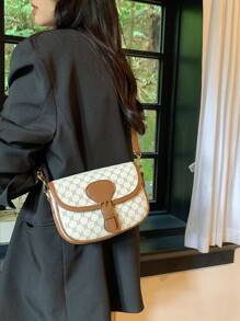 SHIMEINI 1pc Fashion 2025 New Style Retro Flower Pattern Asymmetrical Shoulder Crossbody Saddle Bag, Suitable For Women Daily Use, Work Commute, Travel, Holiday, Date, Gift - White - View 2