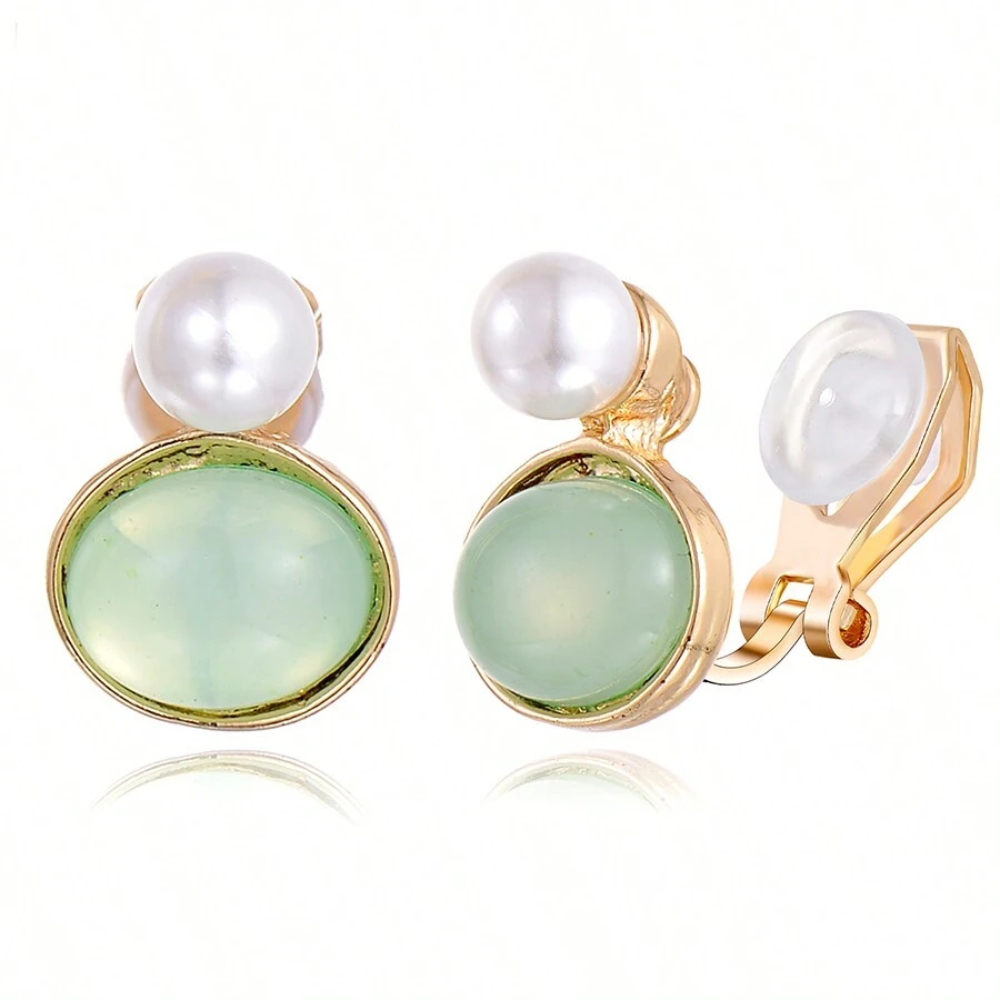 1 đôi Thời trang Hợp kim Pierced Màu xanh lá Tròn Zirconia & Ngọc trai Giả Của phụ nữ Kẹp-on   Hoa tai - Vàng - Xem 1
