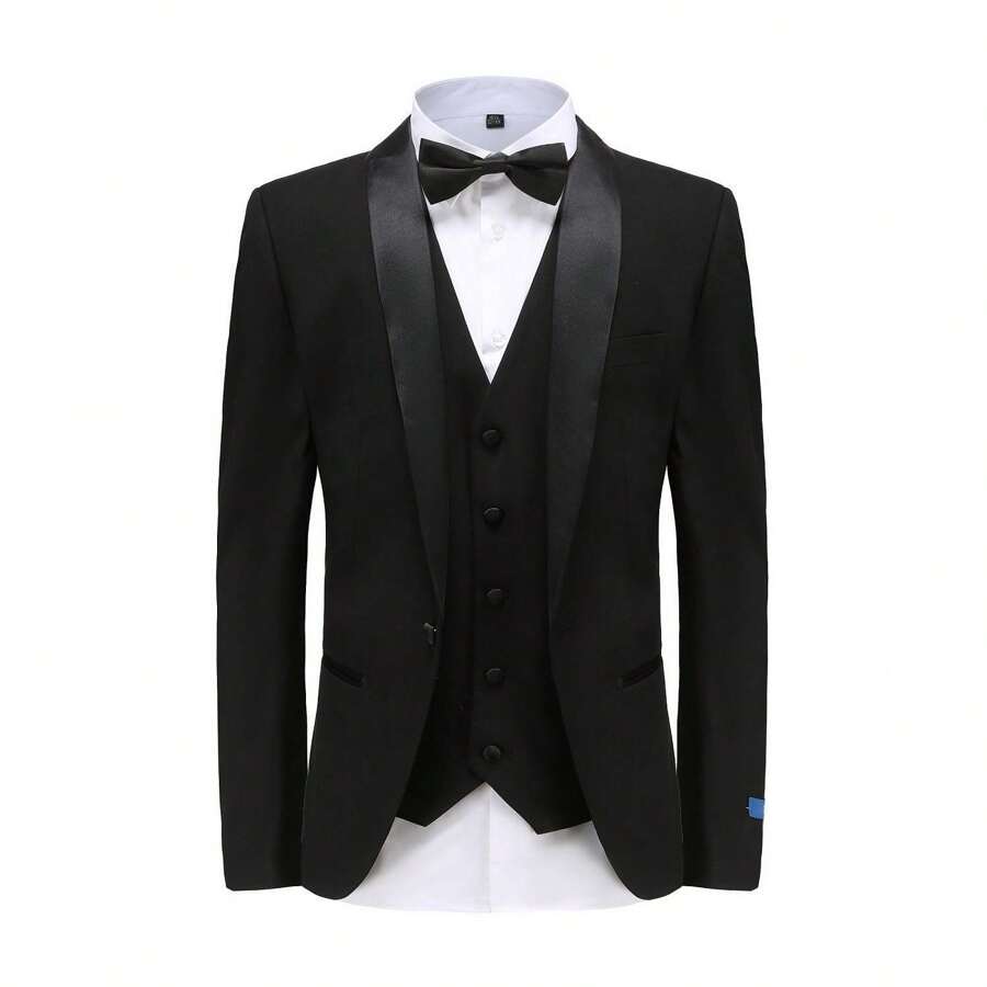Men's Premium 3 Pc Shawl Lapel Slim Fit Tuxedo Set - Black - View 1