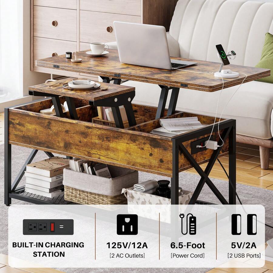 43" Lift Top Coffee Table With Charging Station, 4 In 1 Coffee Tables
