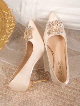 Women's French Style High Heels Princess Shoes With Rhinestone & Bowknot Decoration, Suitable For Wedding And Bride Valentines