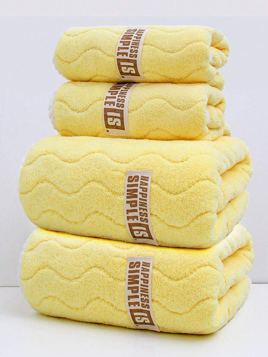 4入組s型條紋2條手巾+2條35*75cm和70*140cm的珊瑚絨浴巾套裝,簡約美觀、舒適柔軟、友善膚色家庭日常毛巾,浴巾套裝,浴室毛巾套裝,四季通用日常必需品 - 黃色 - 查看 1