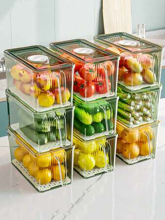 1個帶手提手柄的便攜式冰箱收納盒,適用於蔬菜、雞蛋、冷凍食品、廚房整理、排水籃,透明大容量容器