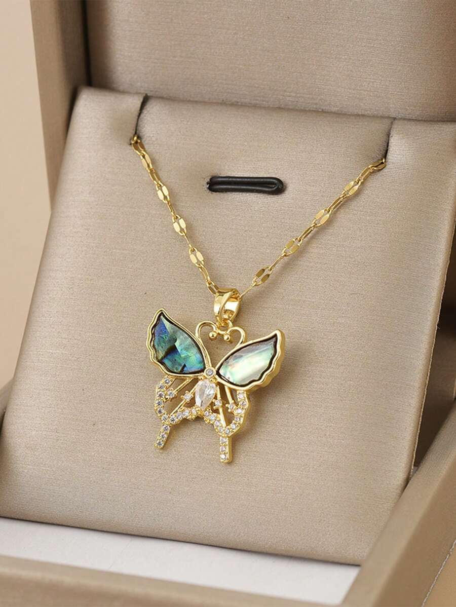 1條不鏽鋼鑲滿鑽石的蝴蝶結吊墜項鍊,適合女性 - 金黃色 - 查看 1