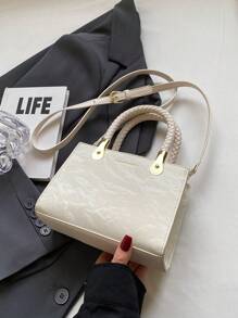 Mini Elegant Solid Color Weave Handle Pu Leather Women's Handbag - Beige - View 8