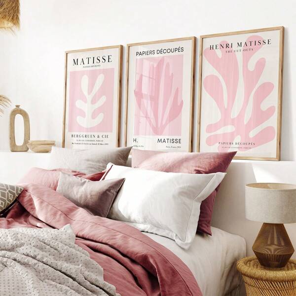 Juego De 3 Impresiones De Lienzo De Arte De Pared Abstracto Matisse En Rosa Con Hojas, Cartel Impreso De Henri Matisse En Rosa Rouge Para El Dormitorio, Arte De Pared Rosa Y Decoración Del Hogar, Impresión De Arte Abstracto En Rosa De Matisse, Decoración Para La Sala De Estar En Rosa, Estética De Arte De Pared Rosa Sin Marco.