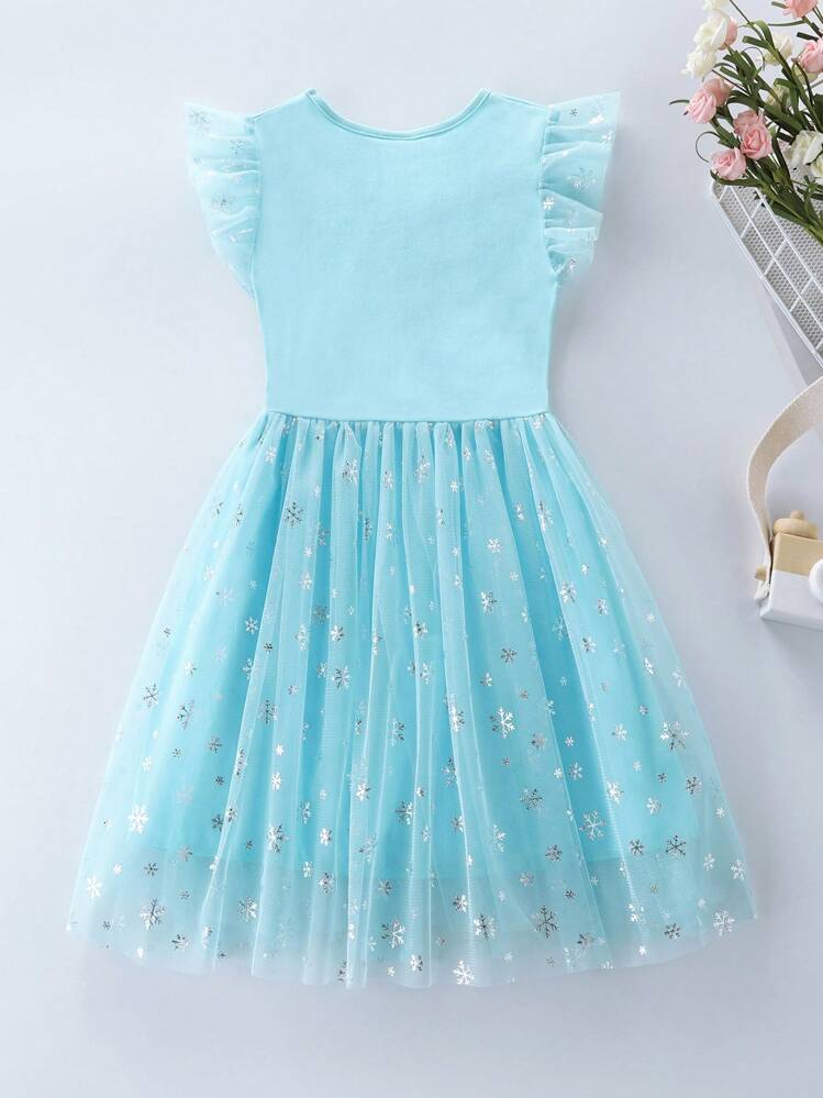 Vestido de fiesta para niña con contraste de manga corta de encaje y malla, bordado de copos de nieve brillantes, para Navidad - Azul menta - Añade 2