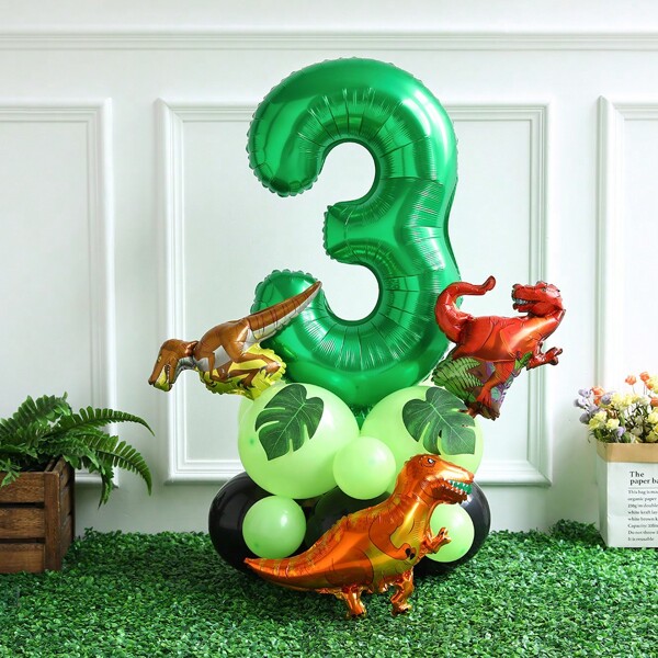 21 peças/conjunto Decorações de Festa Tropical da Selva, incluindo Balão de Número de 30 Polegadas (1-9), Balão de Mini Dinossauro, Folhas de Palmeira Selvagem da Selva para Festas de Aniversário, Volta às Aulas, Dia dos Namorados
