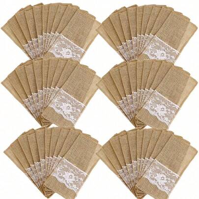 20pcs/10pcs-Linen Lace Cutlery Holder Cutlery Bag, Burlap Lace Utensil Cutlery Holders Pouch, Lace Silverware Holder Bag For Wedding, Birthday, Family Gathering, Restaurant Decoration Gift, Flax Cutlery Bag, For Vintage Country Home Decor, Table Decoration, Halloween, Thanksgiving Day, Autumn Decorations