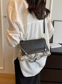 Bolso de mujer de dos colores con división de hombro y solapa cuadrada - Negro - Ver 2