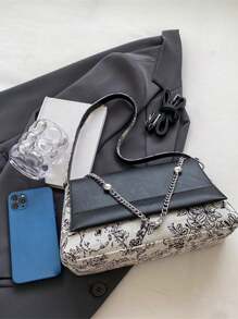 Bolso de mujer de dos colores con división de hombro y solapa cuadrada - Negro - Ver 4