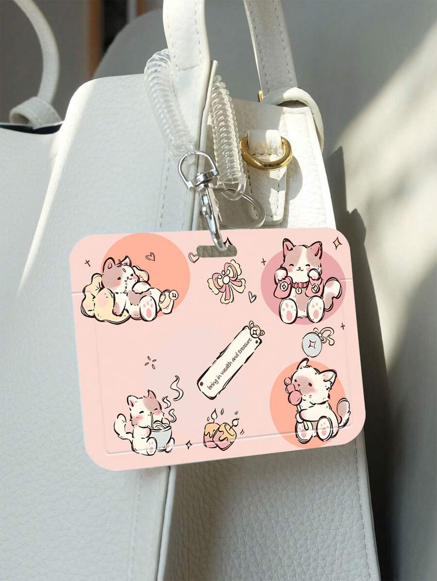 1pc Cartoon Ins Horizontal Card Holder With Extensible Elastic Spring Rope For Student Id Card, Meal Card, Bus Card, Subway Card, Work Permit, Etc. - White - View 1