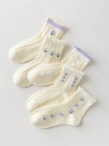 5 双时尚百搭网眼透气蘑菇蕾丝袜及膝袜，适合学生和儿童 - 紫色 - 查看 1