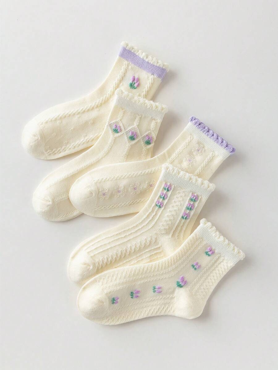 5 双时尚百搭网眼透气蘑菇蕾丝袜及膝袜，适合学生和儿童 - 紫色 - 查看 1