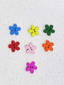 50pcs/Pack 1.4cm Multicolor Flower Design Wood 2-Hole Button For Diy Creative Crafts