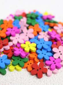 50pcs/Pack 1.4cm Multicolor Flower Design Wood 2-Hole Button For Diy Creative Crafts