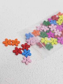 50pcs/Pack 1.4cm Multicolor Flower Design Wood 2-Hole Button For Diy Creative Crafts
