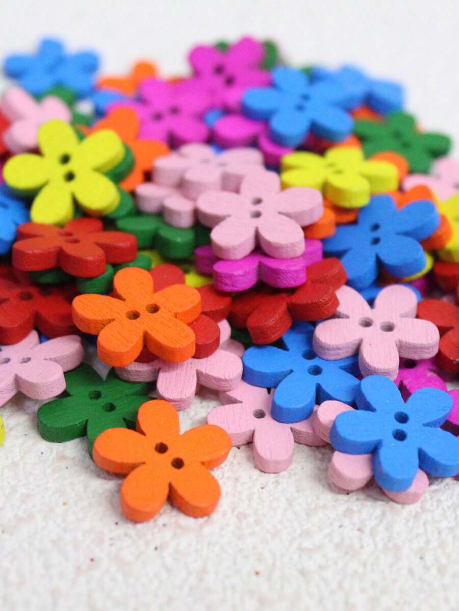 50pcs/Pack 1.4cm Multicolor Flower Design Wood 2-Hole Button For Diy Creative Crafts