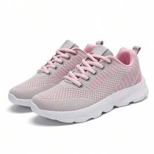 女鞋運動鞋粉色透氣針織鞋面前綁帶平底運動鞋,柔軟吸震底,適用於戶外健身和休閒跑步 - 粉色 - 查看 3