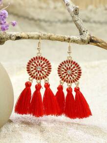 TopHanqi Bohemian Style Vacation Wind Fabric Plain Tassel Multiple Sets Combination Suit In Yellow, Beige, Blue, Green, Pink, Sapphire, Purple, White, Red, Black, Oil-Painting, And Gold; Including Alloy Pendant And Earrings In Flower Shape, Suitable For Women's Daily Life, Work, Travel, Street Snap; Perfect For Easter Party And Four Seasons Wear. Minimalist, Stylish, Personalized, And Lively, Multitude Of Styles Are Available.