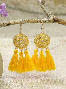 TopHanqi Bohemian Style Vacation Wind Fabric Plain Tassel Multiple Sets Combination Suit In Yellow, Beige, Blue, Green, Pink, Sapphire, Purple, White, Red, Black, Oil-Painting, And Gold; Including Alloy Pendant And Earrings In Flower Shape, Suitable For Women's Daily Life, Work, Travel, Street Snap; Perfect For Easter Party And Four Seasons Wear. Minimalist, Stylish, Personalized, And Lively, Multitude Of Styles Are Available.