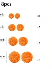 8入組橙色紙質花球和蓬鬆球派對裝飾,適用於婚禮、生日、嬰兒派對、節慶背景