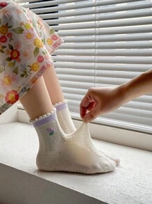 5 双时尚百搭网眼透气蘑菇蕾丝袜及膝袜，适合学生和儿童 - 紫色 - 查看 3