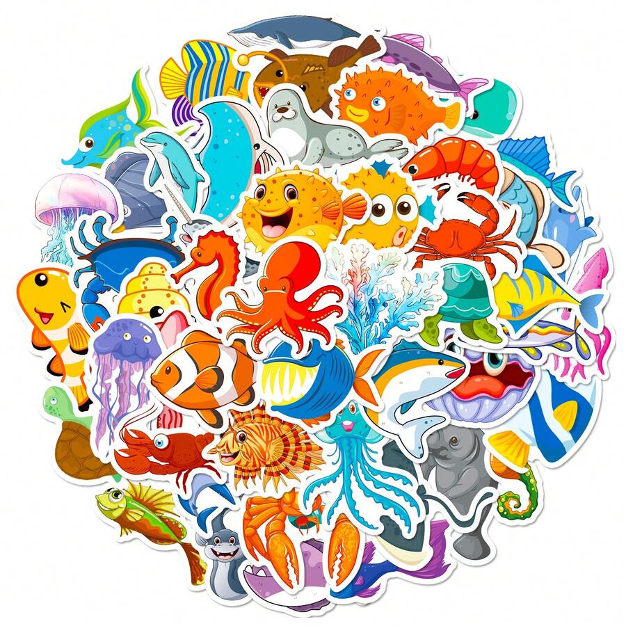 50入組可愛的卡通diy海洋生物貼紙套裝,包括海星和海蜇,防水,適合裝飾水壺,滑板,筆記型電腦,馬克杯,行李箱,日記等各種物品